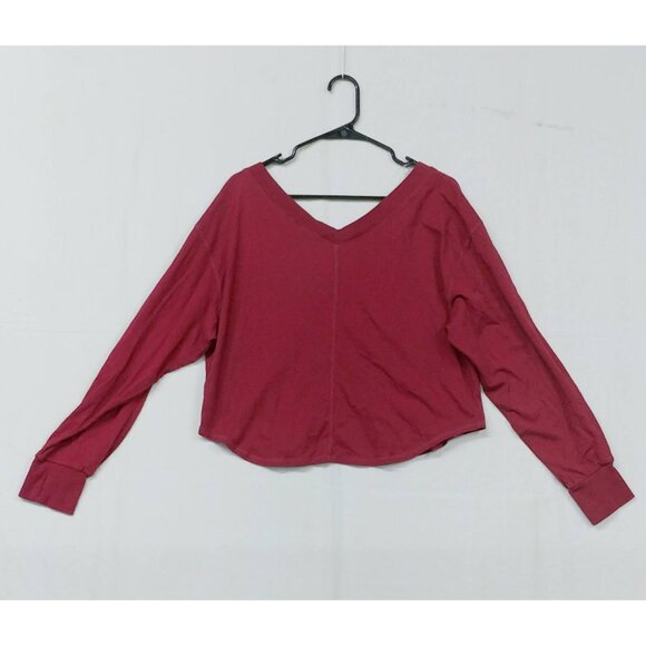 NWT Joy Lab Women's Medium Cranberry Boxy Fit V-Neck Long Sleeve Top Crop Shirt - Picture 4 of 13